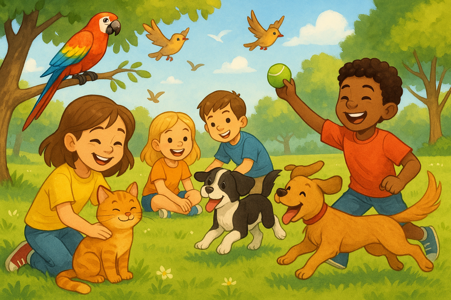 cat, parrot, birds and dogs playing with the kids in the park