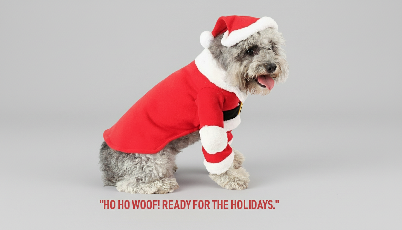 Dog wearing a Santa outfit with text 'HO HO WOOF! READY FOR THE HOLIDAYS.' on a white background